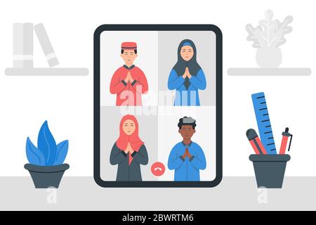 Online meeting work form home. Video conference illustration. Stay and work from home. Colleagues talk to each other on the computer screen. Stock Vector