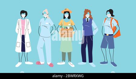 thank you essential workers, various occupations people wearing face masks vector illustration design Stock Vector