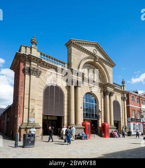 vthe entrance to the market hall in Pontefract, West Yorkshire Stock Photo