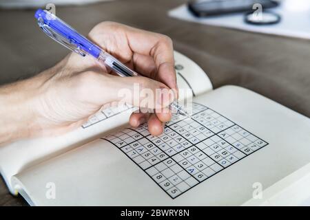 Writing on Sudoku puzzle with ballpoint pen Stock Photo