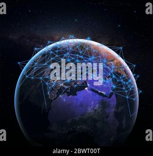 Global communication network over our blue planet earth in space. Concept of worldwide wireless exchange of information and digital connection. Stock Photo