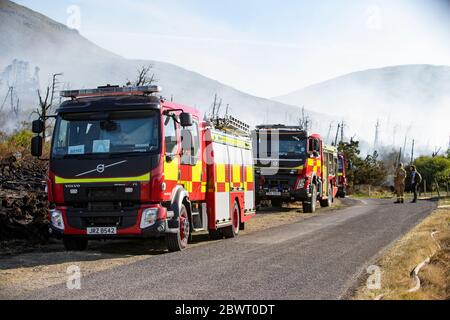 Castlewellan,Northern Ireland,1st June 2020: Northern Ireland Fire and Rescue Service deployed over 5 appliances, a specialist wildfire team and a high volume pump as wildfires raged across the province, with this incident in Castlewellan, County Down being one of the worst ignitions of the season. Credit A.K Media Stock Photo