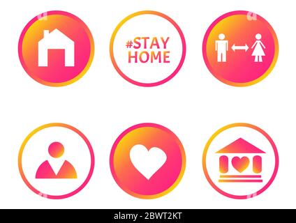 Covid19 signs. Social media icon set in support of self isolation and staying at home. Distancing measures to prevent virus spread. Stay home. Icon se Stock Photo