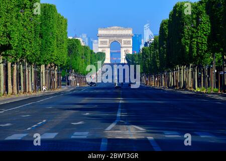 The Champs-Elysees and the Arc de Triomphe during Covid-19 pandemic,Paris,France,Europe.