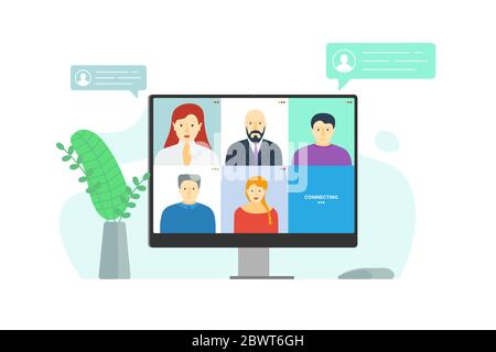 People group on monitor screen taking part in online conference. Home work meeting and distance education webinar or videoconferencing. Video conferencing and web communication vector eps illustration Stock Vector