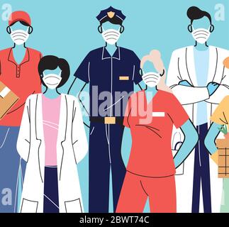thank you essential workers, various occupations people wearing face masks vector illustration design Stock Vector