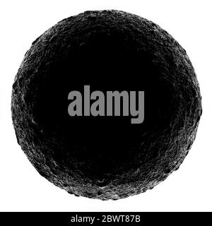 Black round shape of dark stone asteroid - space for copy isolated on white. Stock Photo