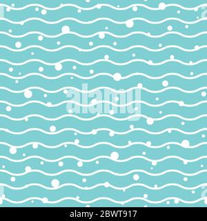 Wavy lines with bubbles. seamless texture with light blue rolling lines on blue background. Vector illustration. Marine wallpaper. Sea backdrop. Summe Stock Vector