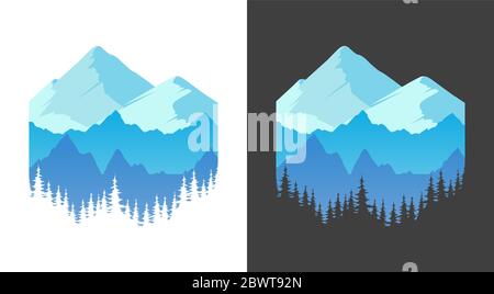 Emblem with Mountains, Vector banner for T-shirt prints or Travel company. Sticker with Alpine Rocks and silhouette of forest isolated on white and bl Stock Vector