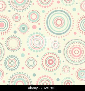 Seamless abstract pattern of circles and dots of pink and turquoise colors on beige background. Kaleidoscope background. Decorative wallpaper, good fo Stock Vector