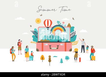 Summer scene, group of people, having fun around a huge open suitcase with travel scene, mountains, nature, rainbow and air balloon Stock Vector