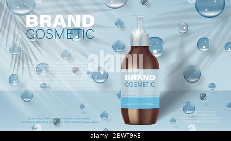 Liquid hand wash ads, cosmetic product package design for poster advertising. Dispenser clean bottle with transparent bubbles on soft blue background Stock Vector