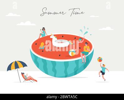 Summer scene, group of people having fun around a huge watermellon, surfing, swimming in the pool, drinking cold beverage, playing on the beach Stock Vector
