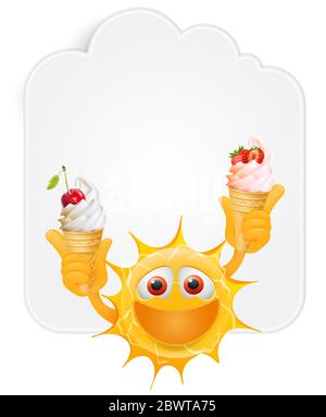 Happy Summer Sun Emoticon. Sun Emoji with ice cream in hands in front of banner. Add your Message to empty space at banner. Summertime Illustration Stock Photo