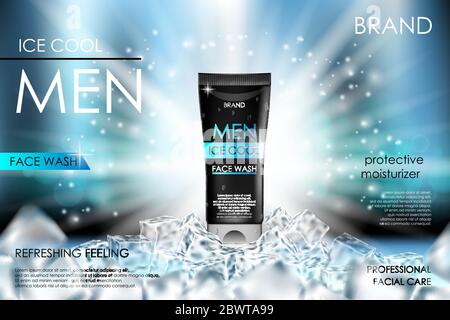 Cooling men face wash with ice cubes. Realistic cool refreshing bottle packaging ad for poster. Skin care product design. 3d vector illustration Stock Vector