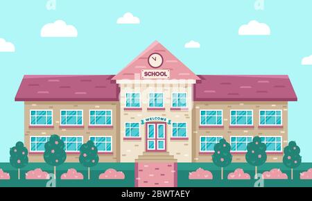 School building vector illustration. Flat geometric style. Back to school element. Landscape with trees, bushes, grass, blue sky and clouds. Exterior with welcome sign and round clock Stock Vector