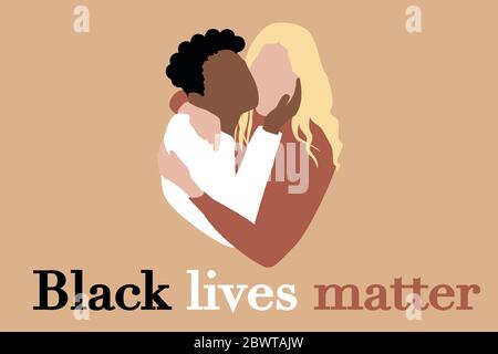Black lives matter text and two multiracial persons hugging. Vector in modern pastel colors. Interracial community unity, multi colored people hugging Stock Vector