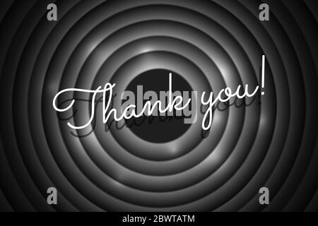 Thank you calligraphic style title on black circle background. Old cinema movie round promotion announcement screen. Vector retro scene advertising noir poster template eps illustration Stock Vector