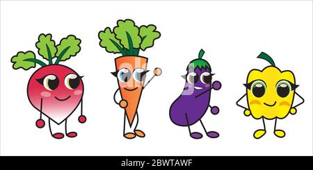 Cute cartoon happy vegetables isolated on white Stock Vector