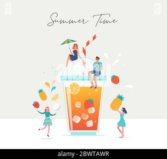 Summer scene, group of people, family and friends having fun around a huge glass of juice, fruit smoothie, surfing, swimming in the pool, drinking Stock Vector