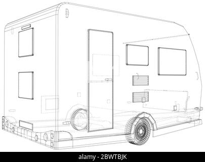 Camper Trailer Isolated. 3D rendering. Wire-frame. The layers of visible and invisible lines are separated. EPS10 format. Stock Vector