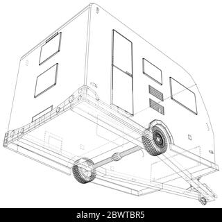 Camping RV trailer vector. Wire-frame line isolated. Vector rendering of 3d. Stock Vector