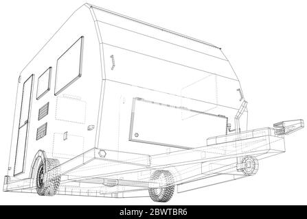 Camper Trailer Isolated. 3D rendering. Wire-frame. The layers of visible and invisible lines are separated. EPS10 format. Stock Vector