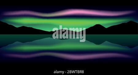 aurora borealis beautiful polar lights in the mountains by the lake vector illustration EPS10 Stock Vector