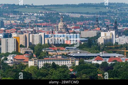 Dresden, Germany. 03rd June, 2020. View of the city centre of Dresden with the Frauenkirche (M-r), the Hausmannsturm and the Hofkirche Credit: Robert Michael/dpa-Zentralbild/ZB/dpa/Alamy Live News Stock Photo