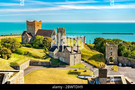 St Mary in Castro Church and a Roman lighthouse at Dover Castle in England Stock Photo