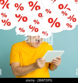 What's in your head. Senior man with big speech bubbles on his head like a hairstyle made of percents. Creative contemporary artwork. Daily thoughts, sales, proposals, online shopping, finance. Stock Photo