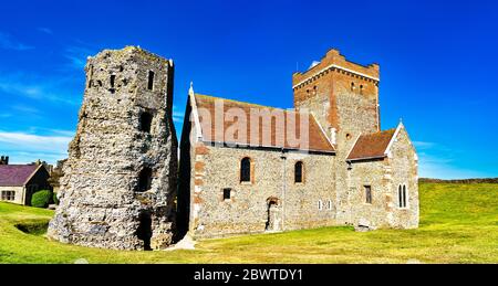 St Mary in Castro Church and a Roman lighthouse at Dover Castle in England Stock Photo