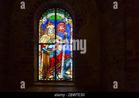 LITHUANIA, VILNIUS - JULY 25, 2017: View on stained glass of Trakai Island Castle wich is very popular among the tourists Stock Photo
