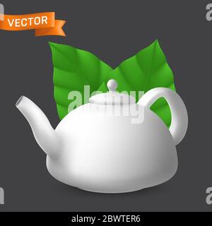 Porcelain teapot side view with mint leaves. Vector realistic illustration of ceramic kettle with lid. Modern tableware crockery pot for tea and other Stock Vector