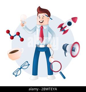 Smiling businessman dressed in a blue shirt with icons around - rocket, megaphone, magnifying glass, mug, glasses. Vector character with a light bulb, Stock Vector