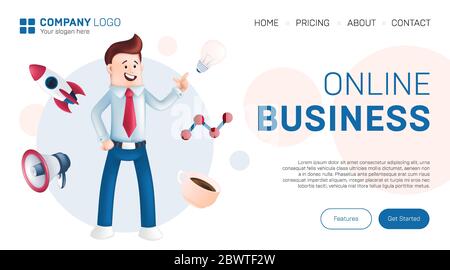 Online business landing page design concept. Vector illustration of smiling office manager dressed in a blue shirt with a tie, showing on a light bulb Stock Vector