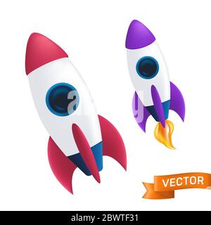Flying rocket with a flame or fire from the turbine. Vector illustration with launch of a spaceship or shuttle isolated on white background Stock Vector