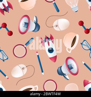 Seamless pattern with flying rocket, science element, megaphone, magnifying glass, computer mouse, coffee mug, pencil, light bulb, glasses. Vector ill Stock Vector