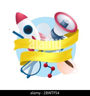 Vector stationery items set with flying rocket, science element, megaphone, coffee mug, pencil, light bulb, glasses and yellow ribbon isolated on whit Stock Vector