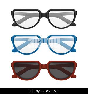 Folded glasses set with colorful frames - black, blue, red. Vector illustration of elegant classic eyewear for reading or sun protection with transpar Stock Vector