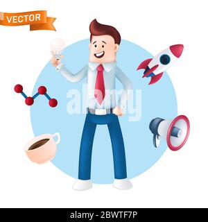 Happy businessman with icons around him - rocket, cup, megaphone. Vector illustration of smiling office manager dressed in a blue shirt with a tie, sh Stock Vector