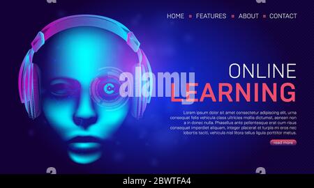 Online learning education landing page or banner template. Vector illustration in technology lineart style with abstract wireframe of headphones and h Stock Vector
