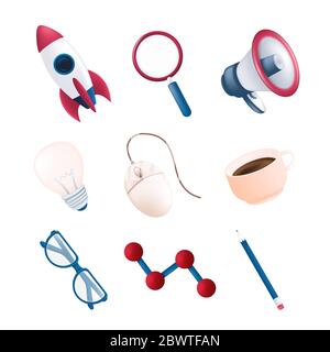 Vector stationery or office items set with flying rocket, science element, megaphone, magnifying glass, computer mouse, coffee mug, pencil, light bulb Stock Vector