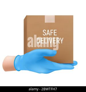 Safe delivery concept with a human hand in a blue rubber glove holding cardboard box. Vector illustration of shipping service isolated on white backgr Stock Vector