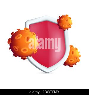 The red antibacterial shield protects against germs or virus cells. Epidemic concept vector illustration of protective bacterial and virus defense equ Stock Vector