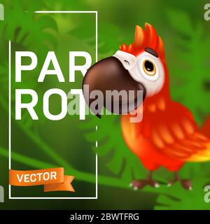 Cute ara parrot with big beak sitting on the branch, cartoon tropical bird with blurred effect. Vector illustration of funny red macaw mascot characte Stock Vector