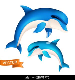 Realistic blue dolphin in motion. Vector illustration of cute jumping sea fish or swimming aquatic mammal isolated on white background Stock Vector