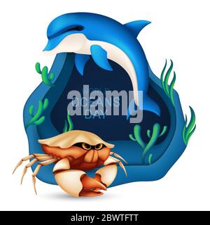 World oceans day graphic design concept of the ecosystem. Vector illustration with a realistic dolphin, crab, coral and seaweed on blue background wit Stock Vector