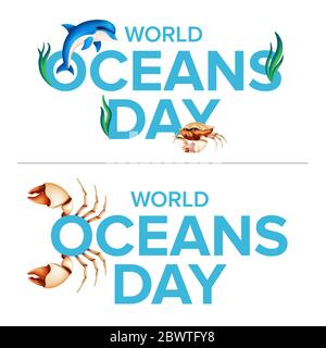 World oceans holiday logo graphic design concept of the ecosystem. Vector illustration with a realistic dolphin, crab claw, coral or seaweed isolated Stock Vector