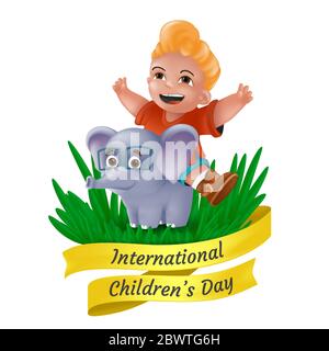 Happy International Children's Day greeting card with laughing little boy sitting on elephant in glasses and yellow ribbon. Vector illustration with f Stock Vector